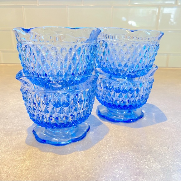 Vintage Diamond Point Ice Blue Indiana Glass Footed Bowl Scalloped set of 4 - Picture 3 of 9